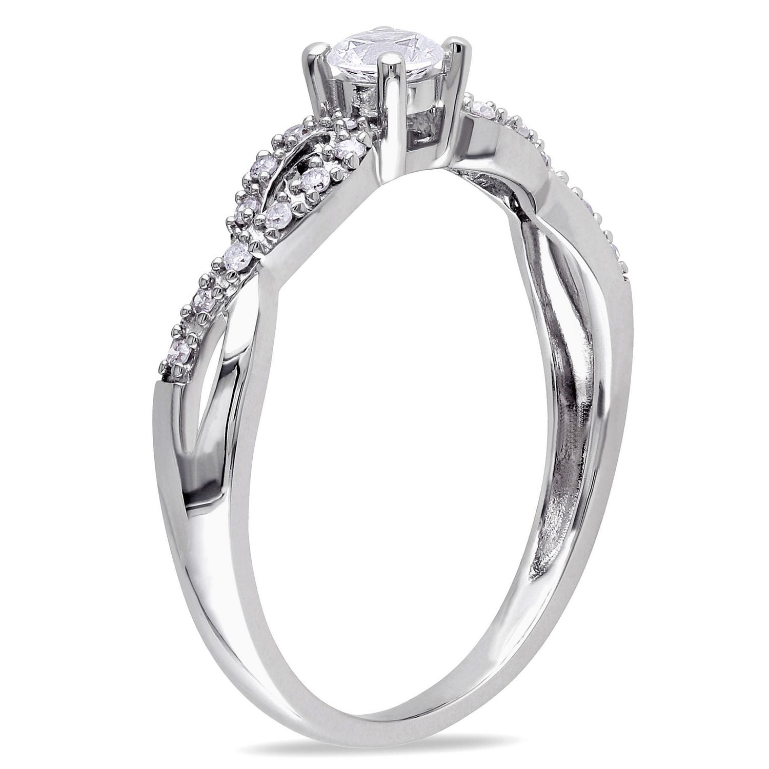 Bague de promesse Miabella avec saphirs blancs synthétiques 0,25 CT PBT et accents de diamants en or blanc 10K
