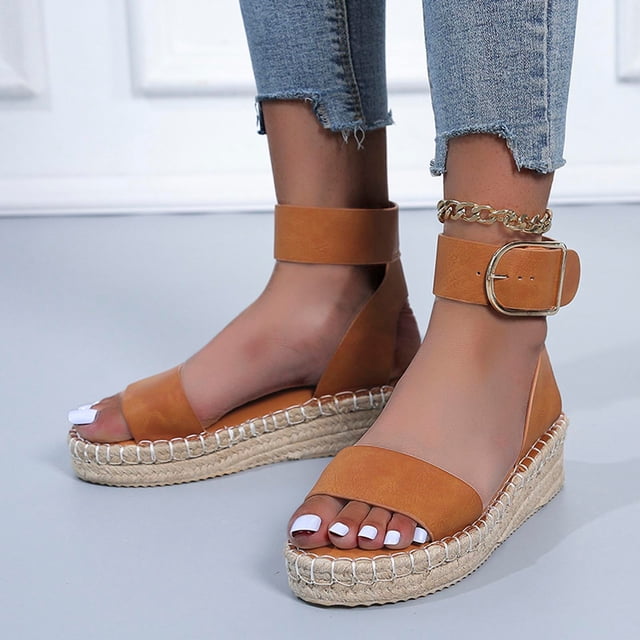 LSLJS Sandales d'Été pour Femmes à Talon Compensé, Semelle Épaisse, Paille Tressée, Boucle Métallique