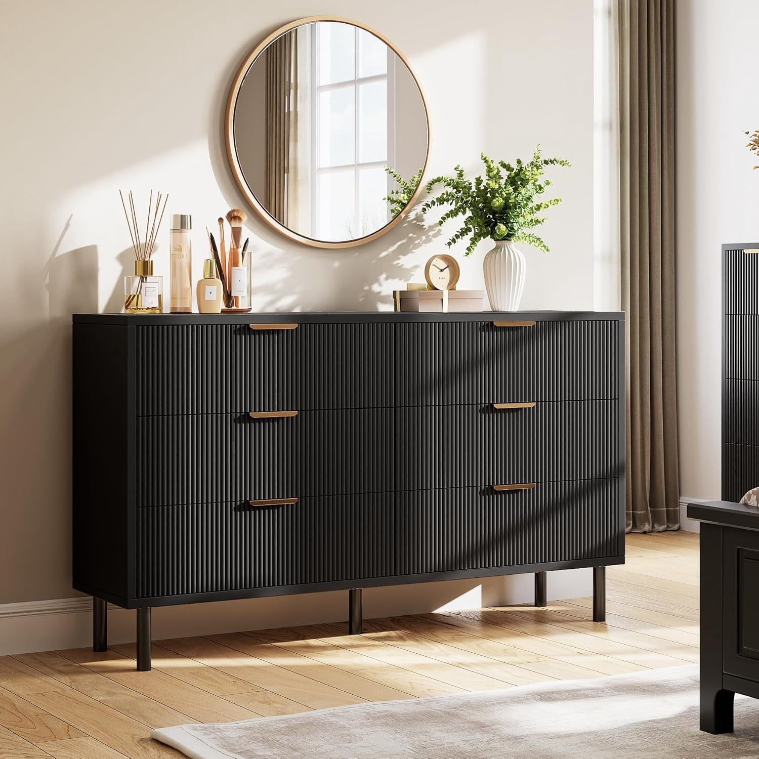 6 Drawer Dresser Wooden Nightstand with Storage and Metal Legs, 55inch Wide Chest of Drawers with Anti-Tipping Device, for Bedroom, Hallway, Entryway, Small Spaces, Black