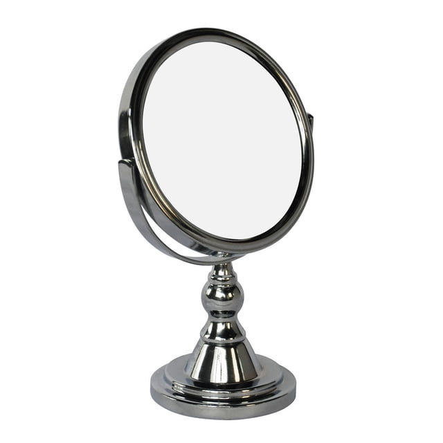 Mainstays Chrome Vanity Mirror featuring a double-sided round cosmetic mirror in a chrome metal frame with decorative post, adjustable to any angle for convenient bathroom countertop use, also suitable for detailed makeup application.