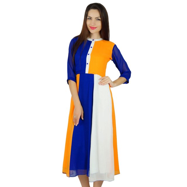Bimba Robe Classique à Col Mandarin pour Femmes, Robe Midi d'Été Tricolore
