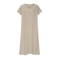 thumbnail image 4 of Admvng Robes d'Été pour Femmes 2025 Grande Taille Couleur Unie Col en V Coton Lin Manches Courtes Robe Longue 3TG-5TG, 4 of 6