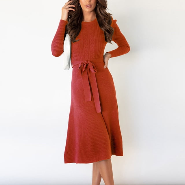 Lolmot Robe Chandail Mi-Longue pour Femme Col Rond Manches Bouffantes Jupe Tricotée de Couleur Unie