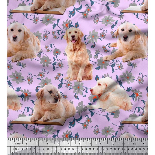 Soimoi Poly Georgette Fabric Floral,Book & Golden Retriever Dog Printed Fabric 1 Yard 52 Inch Wide