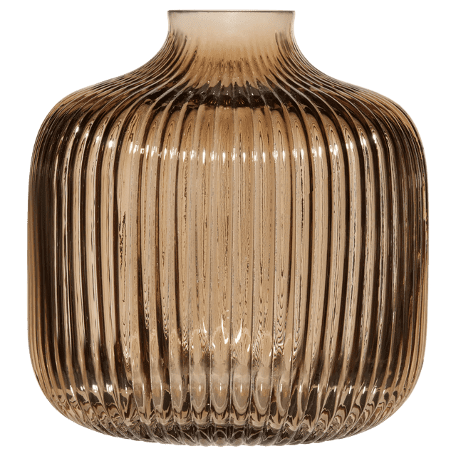 Bouclair Brown Ribbed Decorative Glass Vase front-facing squat round silhouette 6.5 in (16.5 cm) height and diameter, brown ribbed 100% glass catching light, wide mouth for short stems; styled for mantel or dining table display and often used as a tabletop centerpiece.