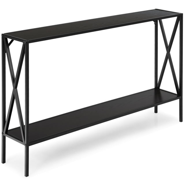 Gymax Console Table 2 Tier Sofa Side Accent Table with Shelf in brown, featuring a rectangular MDF tabletop and open bottom shelf supported by a sturdy black steel frame with X-shaped side supports. Ideal for living rooms, entryways, or hallways, this table measures 47.5 inches in length, 9 inches in width, and 29 inches in height. Its compact design and anti-toppling feature ensure safety and versatility.