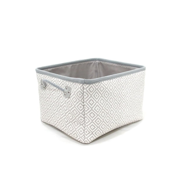 hometrends Small Woven Paper Basket with grey diamond-patterned woven paper fabric, reinforced metal frame, and side handles, shown in a front 3/4 view on white background, ideal for home storage bins and organization.
