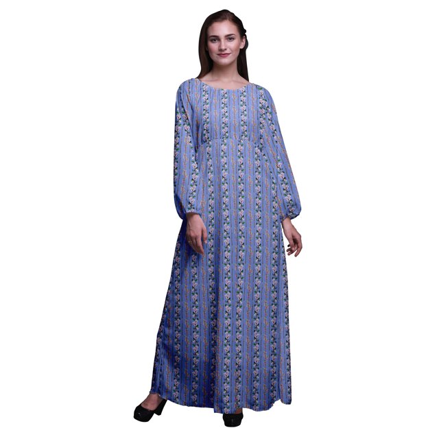 Bimba Robe Maxi à Manches Longues pour Femmes en Georgette Mousse Imprimée de Feuilles et d'Azalée à Taille Élastique - Grande