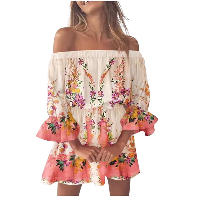 Ketyyh-chn99 Robe T-Shirt 2024 Robe Évasée à Fleurs Robe Bohème à Fleurs pour Femme Portefeuille Col en V Manches Courtes Ceinturée Ourlet à Volants Ligne A Fluide Robes Maxi Rose,2TG
