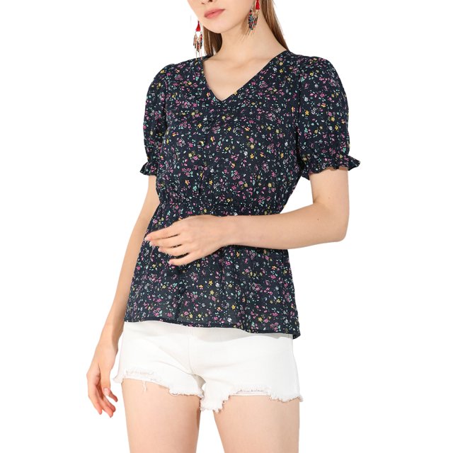 INSPIRE CHIC Women's Faux Placket Ruffle Hem Puff Sleeve Button Decor Peplum Top