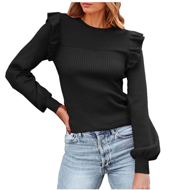 MESSUEN Chandail à Col Rond pour Femmes Hauts à Volants pour Femmes Chandails à Enfiler Femmes Hauts et Chemisiers pour Dames Hauts d'Été pour Dames Chandails pour Femmes T-Shirts pour Femmes Noir m