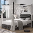 thumbnail image 1 of Homfa Full Upholstered Canopy Bed Frame with Drawer, Modern Platform Bed with Button Tufted Headboard, Canopy Bed Curtain Not Included, Dark Gray, 1 of 9