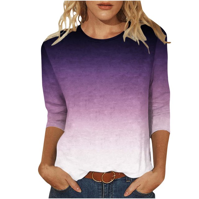 IROINID Offres T-Shirt à Manches Longues en Polyester pour Femmes Col Rond Confortable Dégradé Imprimé Manches Blouse Chemise, Violet