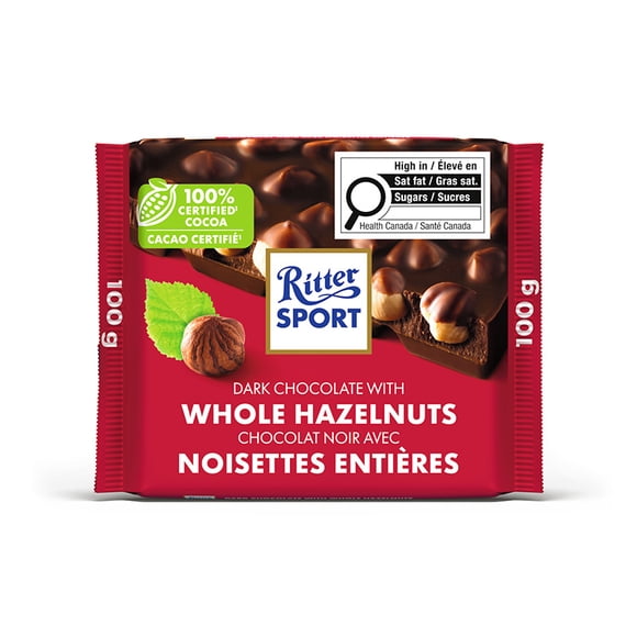 Ritter Sport Dark Chocolate Bar with Whole Hazelnuts, Contains Hazelnuts and Milk, 100 G