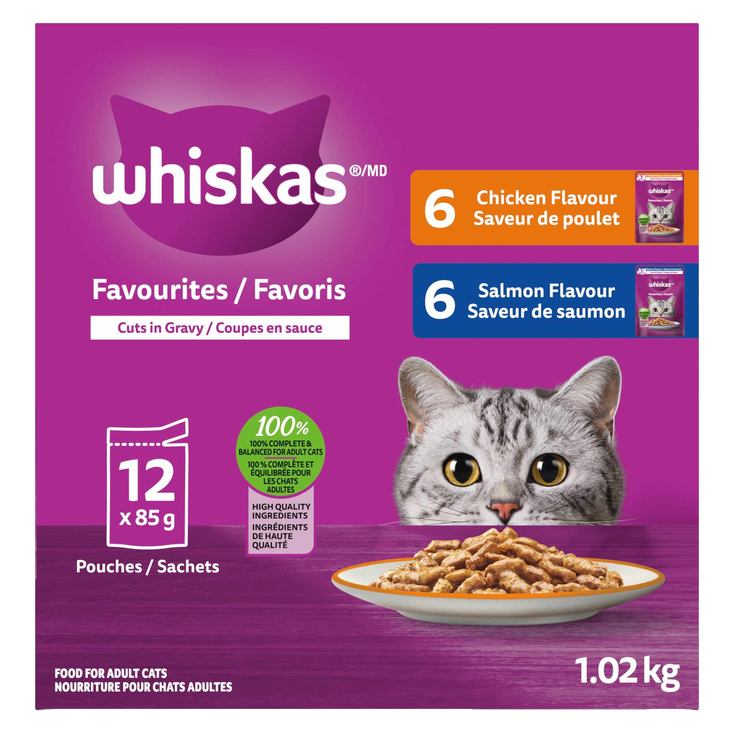 WHISKAS FAVOURITES Adult Wet Cat Food Cuts in Gravy Chicken Flavour and Salmon Flavour Variety Pack, (12) 85g Pouch