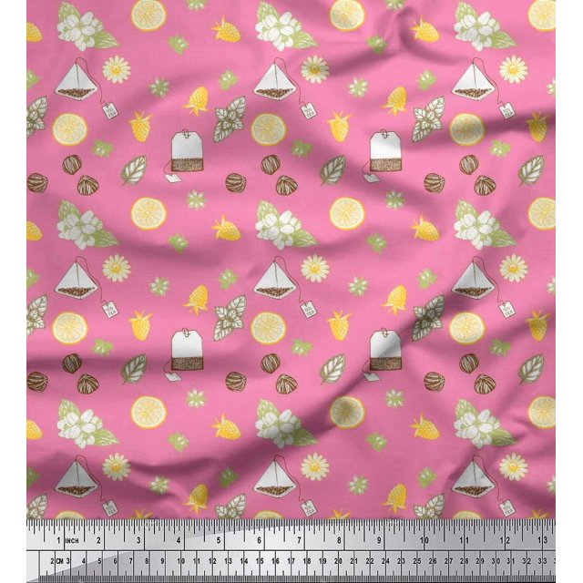 Soimoi Pink Modal Satin Fabric Tea Bag,Star Anise & Lemon Slice Vegetable Print Sewing Fabric Yard 42 Inch Wide