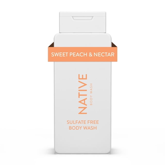 Native BW Sweet Peach & Nectar sulfate free body wash in a white rectangular bottle with flip-top cap, featuring peach-colored text and label, ideal for natural bath and shower body care with hydrating, residue-free formula.