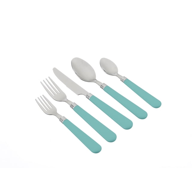 Mainstays Ensemble de Couverts avec Organisateur Présentant Cinq Pièces de Couverts avec Poignées turquoise Incluant Fourchette, Fourchette à Salade, Couteau, Cuillère à dessert et Cuillère à Thé avec Têtes en Acier Inoxydable, Conçu pour une Utilisation Compatible Lave-Vaisselle et l'Organisation de la Cuisine.