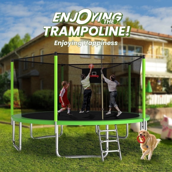 Mersco Trampoline de 14 Pi pour Enfants et Adultes, Trampolines d'Extérieur avec Panier de Basketball et Filet d'Enceinte, Charge 1400 Lb, Vert