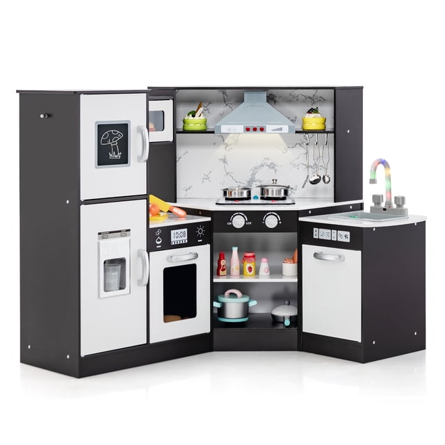 Gymax Kids Corner Kitchen Playset Wooden Pretend Play Toy with Microwave Coffee. A wooden corner kitchen playset designed for pretend play, featuring light and sound effects on the microwave, range hood, and stoves. Includes interactive elements like a chalkboard, ice maker, rotary knobs, and a detachable sink with a light-up faucet. Offers ample storage with hooks, shelves, and utensil holders for organizing accessories. Compact coffee-coloured design ideal for small spaces and suitable for kids aged 3 and up.