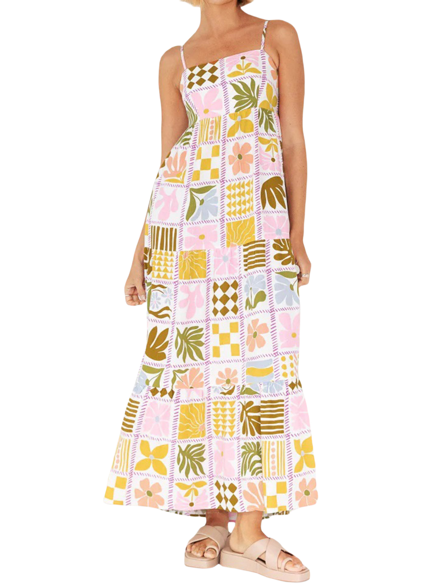 Gupgi Robe Camisole Bohème pour Femmes Sans Manches à Bretelles Spaghetti avec Découpe au Dos Longue Robe Graphique Fluide pour la Plage