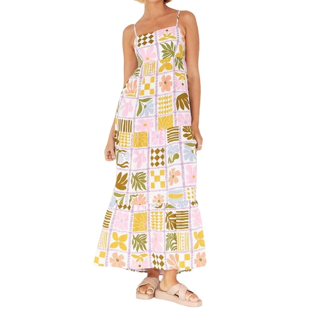 Gupgi Robe Camisole Bohème pour Femmes Sans Manches à Bretelles Spaghetti avec Découpe au Dos Longue Robe Graphique Fluide pour la Plage