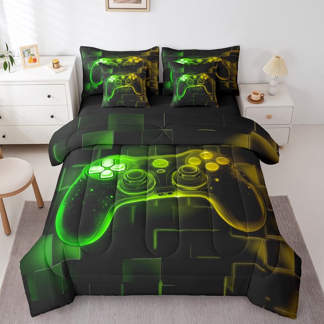 YST 7Pcs Kids Gamer Comforter Set Queen, Gaming Bedding Comforter Set, Video Games Gamepad Bed In A Bag Neon Glowing Square Geometric Grid Yellow Green Bed Sets With Comforter And Sheets