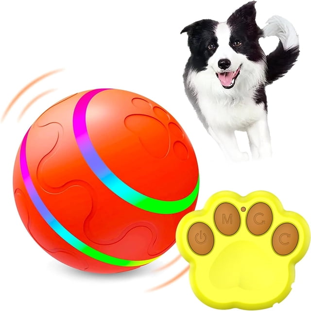 SIfdSeng Interactive Dog Toys featuring an automatic rolling and bouncing orange ball with colorful LED lights, accompanied by a yellow paw-shaped remote control. Designed for small, medium, and large dogs, this toy provides interactive fun, relieves anxiety, and promotes dental health. A black and white dog is shown in the background, emphasizing its appeal for active play.