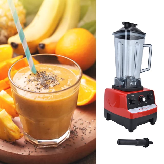 Professional Multifunction Blender Milkshake Maker with 800W motor, 5 three-layer blades, and 2L transparent container on a red base. Designed for countertop use, it includes a stirring rod and accessories. A glass of orange smoothie with chia seeds is displayed alongside fresh fruit.