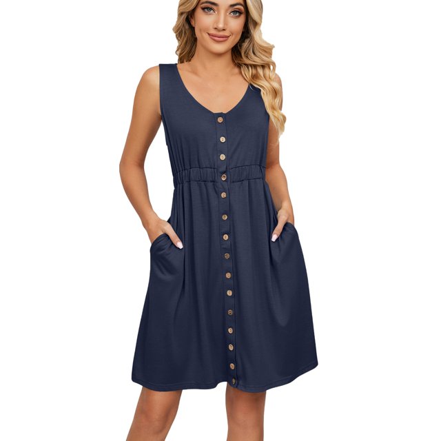 Birdeem Robe Sans Manches à Col en V Unie avec Poches pour Femmes