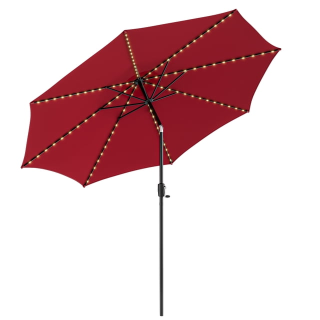 Patiojoy 10FT Solar Umbrella with 112 LED lights in wine colour, featuring a 2-tier UV-resistant polyester canopy and crank lifting handle. The umbrella includes a push-button tilt system for 60° angle adjustment and a solar panel for 6-hour lighting. Ideal for patio shade and outdoor tables with a pole diameter of 1.48 inches.