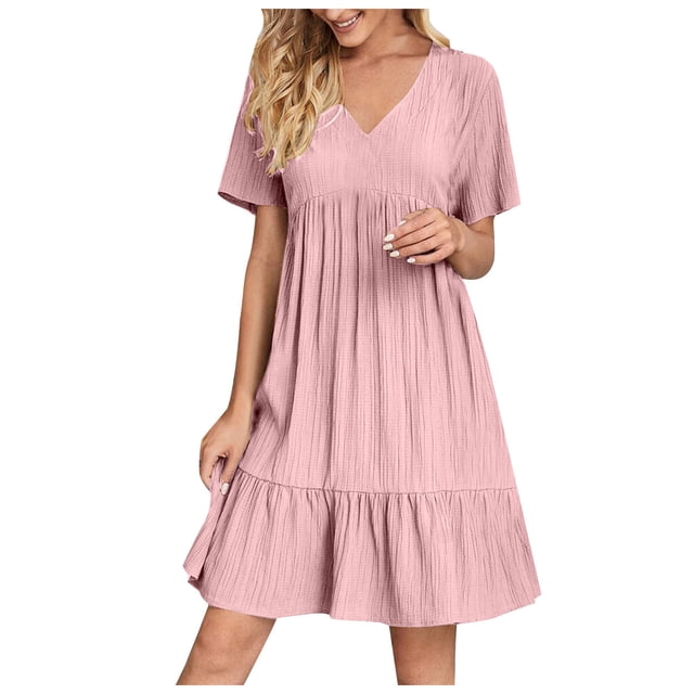 fatyb Robes Mini à Col en V pour Femmes Manches Courtes à Étages Robes Trapèze Fluides d'Été Plissées Décontractées