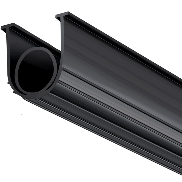 KFFKFF Bottom Seals for Garage Doors, Rubber Material, U Shape and O Ring Design, All-Weather Garage Door Weather Stripping, Universal Fit, Threshold Buffering and Sealing, Black Color front-facing close-up of the 10 ft (3 m) black rubber door bottom seal showing the U-shaped profile with integrated O-ring, 5/16 in T-shaped ends and 3-3/4 in (100 mm) width, textured rubber surface and visible multi-layer circular cross-section; shown on a neutral background. Often used as a replacement threshold seal for garage, roll-up or roller-shutter doors and can be cut to length for installation.