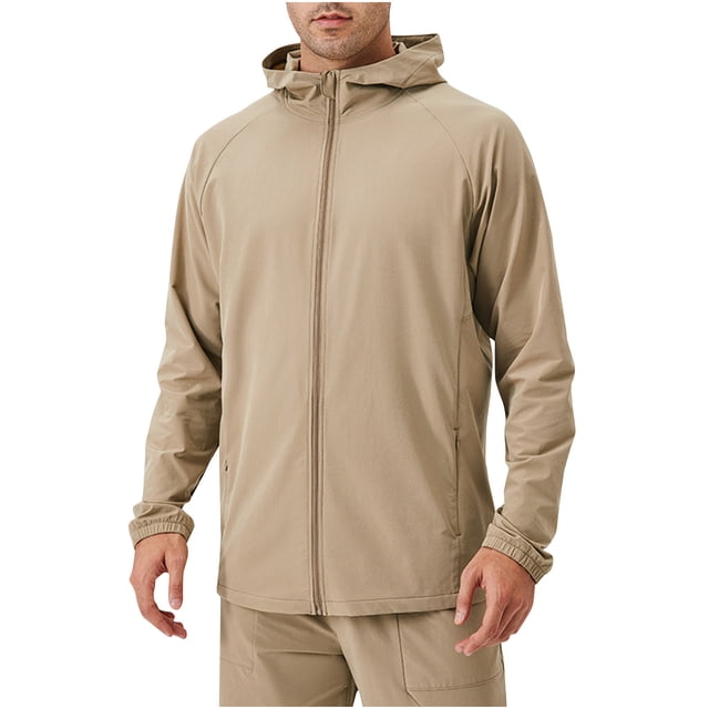 WRKEKC Performance Outdoor Sport Jacket Men's Windproof Lightweight Hooded with Secure Zippered Pockets for Climbing Running and All-Weather Training Khaki L