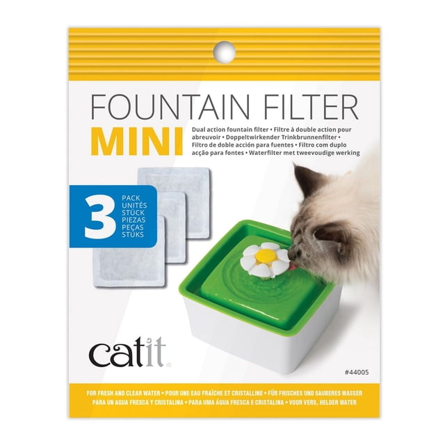 Catit Mini Fountain Eau pour Chat Filtres Fountain Lot de 3 Tampons Filtrants à Double action Indiqués sur l'Emballage avec un Chat Buvant d'Une Mini Fountain en Forme de Fleur Verte et Blanche, Conçus pour Éliminer les Odeurs, les Bactéries et les Débris pour une Eau Fraîche pour Chat.