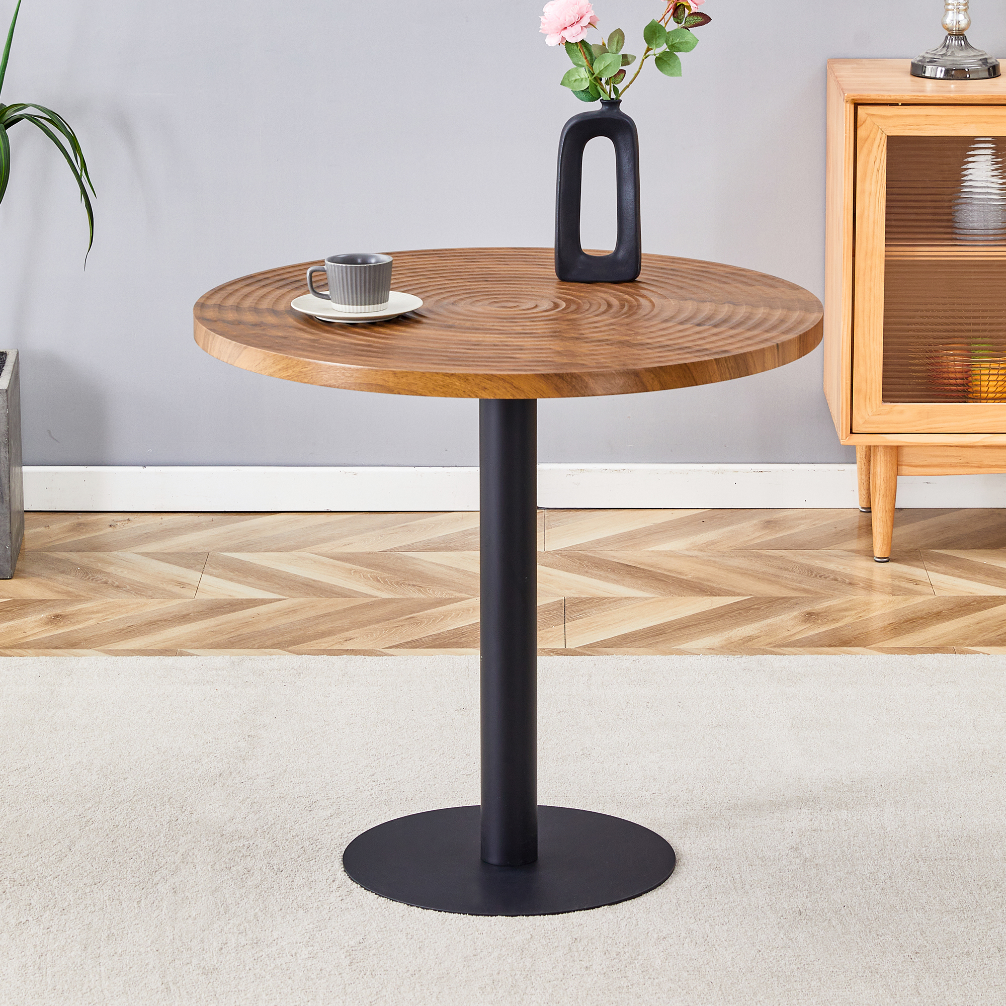 Table de salle à manger ronde Noble House 80 cm, grain de bois foncé avec texture annulaire, noir, bois