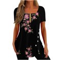 thumbnail image 2 of Hauts d'Été pour Femmes Grande Taille à Manches Courtes Mode Femmes Décontracté Imprimé Col Carré Manches Courtes Boutons Hauts Blouses Amples T-Shirt à Col en V Femmes en Liquidation, 2 of 5