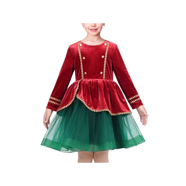 Robe Fille Rouge Verte Uniforme Casse-Noisette Coréen Velours 7 Ans