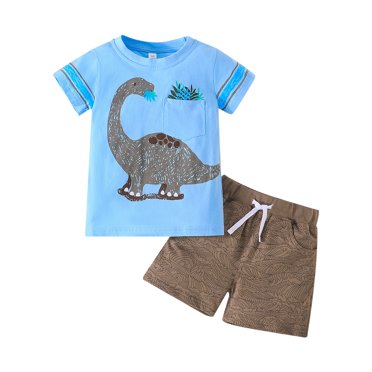 Hiiyo Toddler Boys Summer Outfits Cartoon Dinosaur Print Short Sleeve T Shirt & Shorts Set, Sizes 3-4T