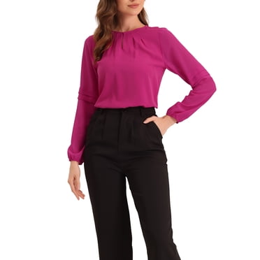 INSPIRE CHIC Women's Work Office Long Sleeves Keyhole Neck Elegant Blouse Top Hot Pink L
