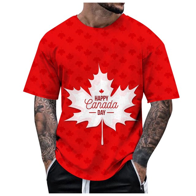 LUOGENLI T-shirts pour Homme pour Hommes Été Canada Fête de l'Indépendance Fête Nationale pour Imprimé Drapeau Rétro Col Rond Manches Courtes Hauts Tee T-shirts Hommes Grande Taille et Tall Pâques Vin G