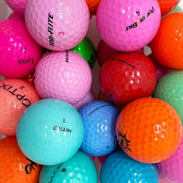 Mulligan - 72 Assorted Colour Mix 5A/4A Recycled Used Golf Balls showing a close-up of various brightly coloured recycled golf balls in pink, orange, blue, green, and red with visible brand markings like Top-Flite, Lynx, and Nitro, suitable for players of all skill levels and eco-friendly use.