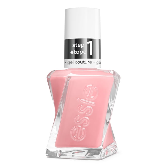 gel couture by essie gel-like longwear nail polish in soft pink, in a twisted clear glass bottle with embossed essie logo and white cap labeled step 1, providing up to 15 days of gel-like wear without UV light, with an 8-free vegan formula ideal for long-lasting nail colour