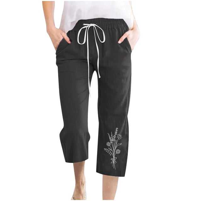 Sijiajgjfu Pantalon Capri pour Femmes en Coton et Lin Imprimé Capri Noir TG
