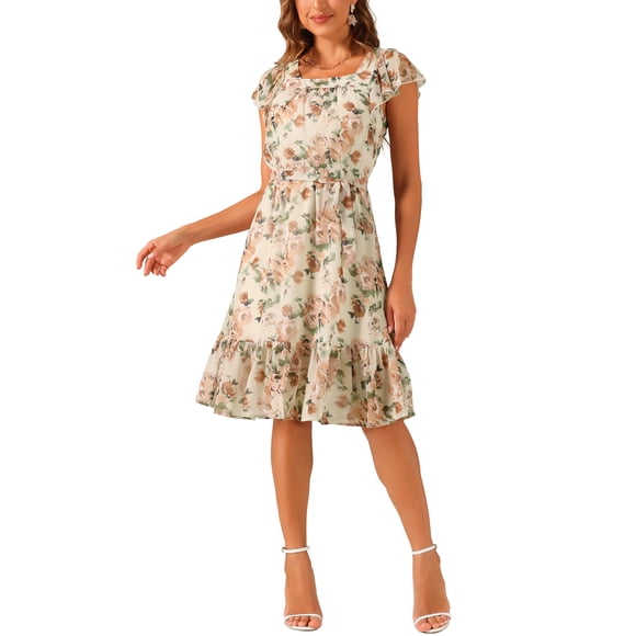 INSPIRE CHIC Women's Dress Floral Square Neck Flutter Cap Sleeves Ruffled Midi Wedding Guest Dress XS Beige