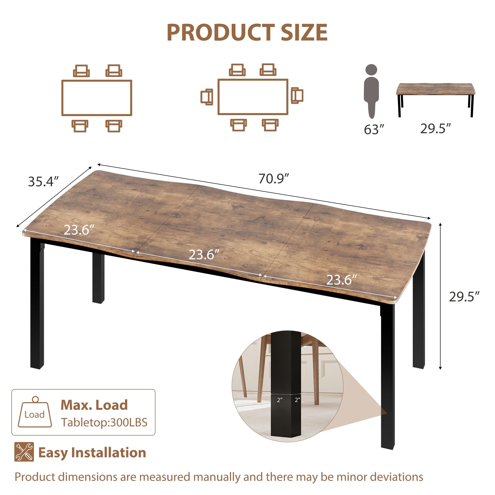 Kojooin 70.9 in Dining Table for 6 to 8, Long Kitchen Table with Iron Legs and Irregular Top for Dining Room