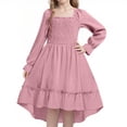 thumbnail image 1 of JGGSPWM Robe Midi Évasée pour Filles d'Automne à Volants, Encolure Carrée, Manches Longues Bouffantes, Poignets Smockés Élastiques, pour 4-14 Ans, Rose, 10-11 Ans, 1 of 2