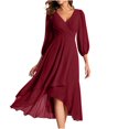 thumbnail image 1 of Liquidation à 50 % de Rabais! Robes Mignonnes, Robe en Mousseline pour Femme à Fermeture Éclair, Plissée, Ligne A, Mi-Longue, de Mariage, à Manches Longues et à Col en V, Bourgogne, P, 1 of 5