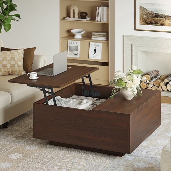 GUNAITO Table Basse à Plateau Relevable avec Rangement, Table Basse Carrée et Table Centrale Style Ferme Moderne pour Salon, Noyer