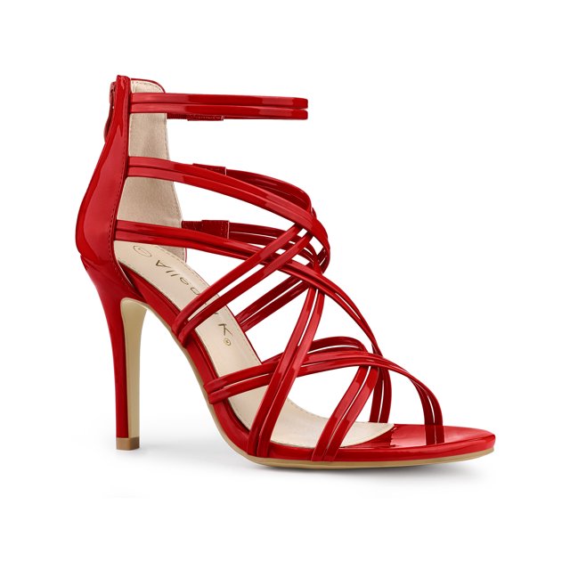 BLISSFUL STEP Chaussures pour Femmes à Brides à Lacets à Bout Ouvert Sandales Habillées à Talon Aiguille Haut Rouge 7,5